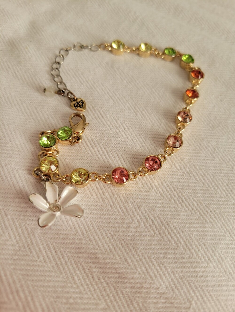 Betsy Johnson Gold Daisy Charm Bracelet with Green and Pink Crystals